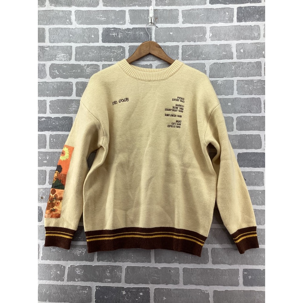 Elfic Eden Van Gogh Art Print Knit Sweater Cream Brown Striped Size Medium